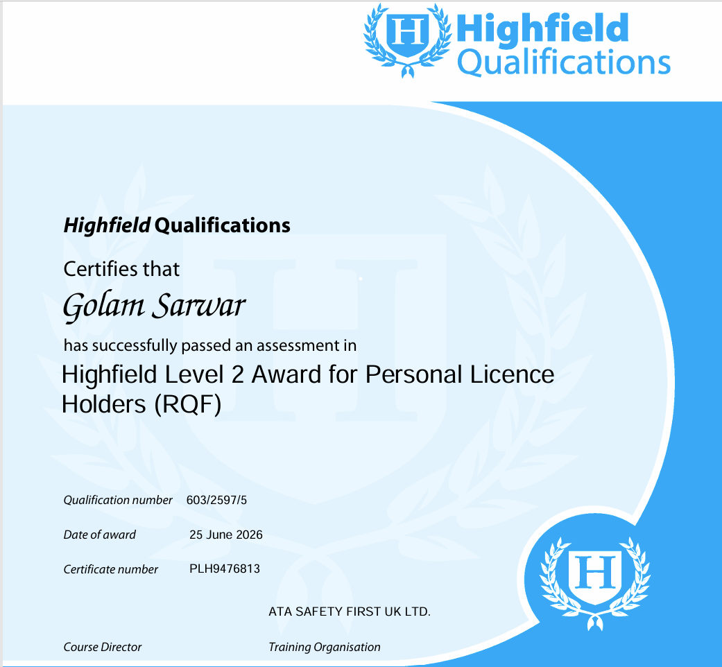 Sample Highfield certificate